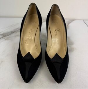 Chaumont Uruguay Avant Garde Black Suede Kitten Heel Pointy Toe Pumps, Sz 6